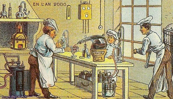 В 1899 году французский художник Жан Марк Коте выпустил серию открыток, на которых попытался представить жизнь своих соотечественников через сто лет. На одной из иллюстраций он предвосхитил появление современной кухни молекулярной гастрономии и создание искусственной пищи