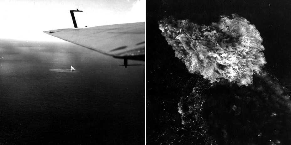 ​Взрыв глубинной бомбы (слева) — и по поверхности океана расползается жирное пятно соляра (справа). С гибелью 13 июля «дойной коровы» U 487 шансы на успех группы лодок «Муссон» сильно упали. Фото сделано с борта американского «Эвенджера» - Предупреждён — не значит вооружён 